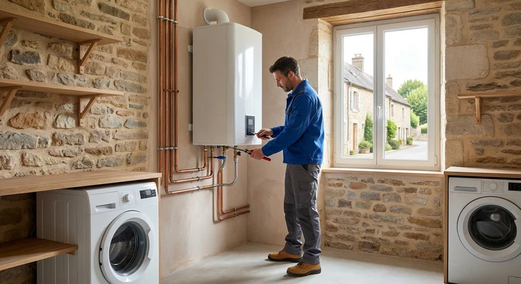 Extérieur résidentiel avec deux unités de climatisation installées sur dalle béton près d'un mur en briques